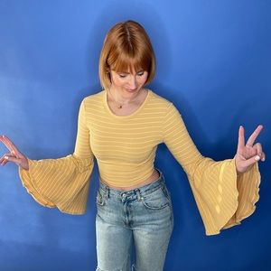 Sunshine yellow ribbed white stripes crop top with retro sleeves!